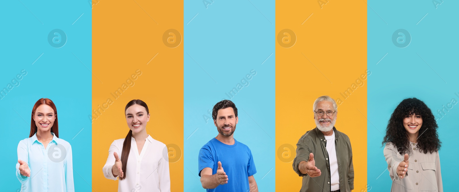 Friendly people welcoming, collection of portraits on different colors backgrounds Image of Friendly people welcoming, collection of portraits on different colors backgrounds