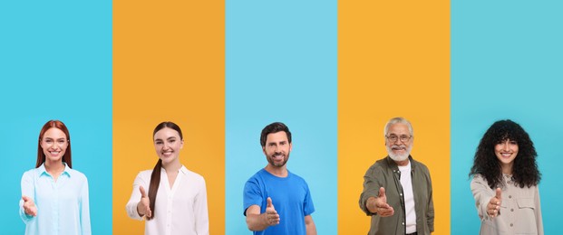 Image of Friendly people welcoming, collection of portraits on different colors backgrounds