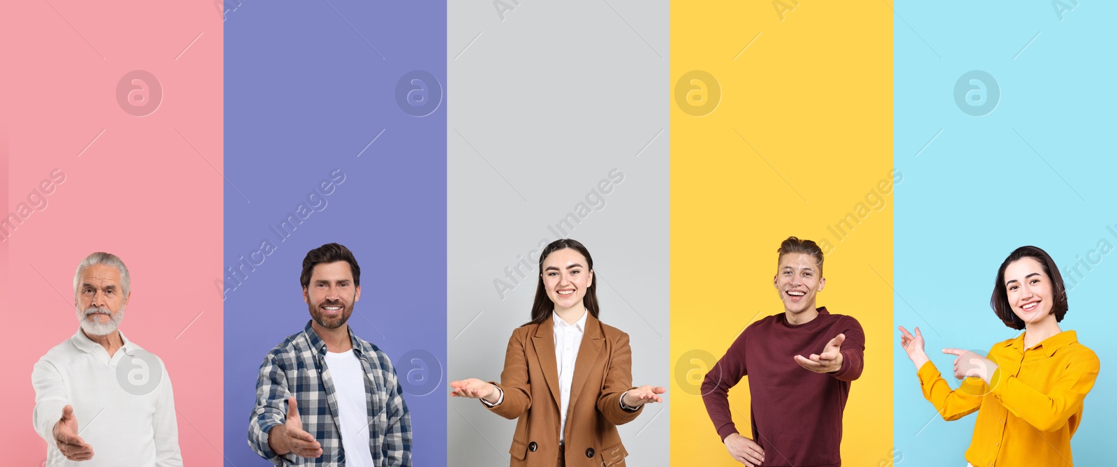 Friendly people welcoming, collection of portraits on different colors backgrounds Image of Friendly people welcoming, collection of portraits on different colors backgrounds