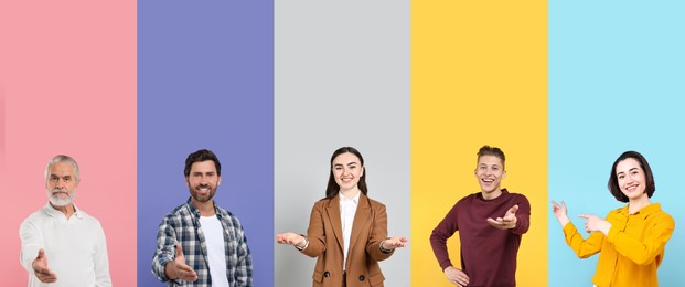 Image of Friendly people welcoming, collection of portraits on different colors backgrounds
