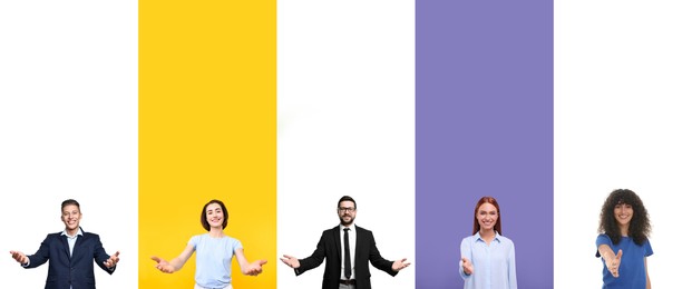 Image of Friendly people welcoming, collection of portraits on different colors backgrounds