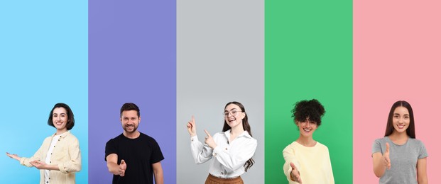 Image of Friendly people welcoming, collection of portraits on different colors backgrounds