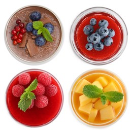 Image of Sweet panna cotta desserts isolated on white, set. Top view