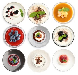 Image of Sweet panna cotta desserts isolated on white, set. Top view