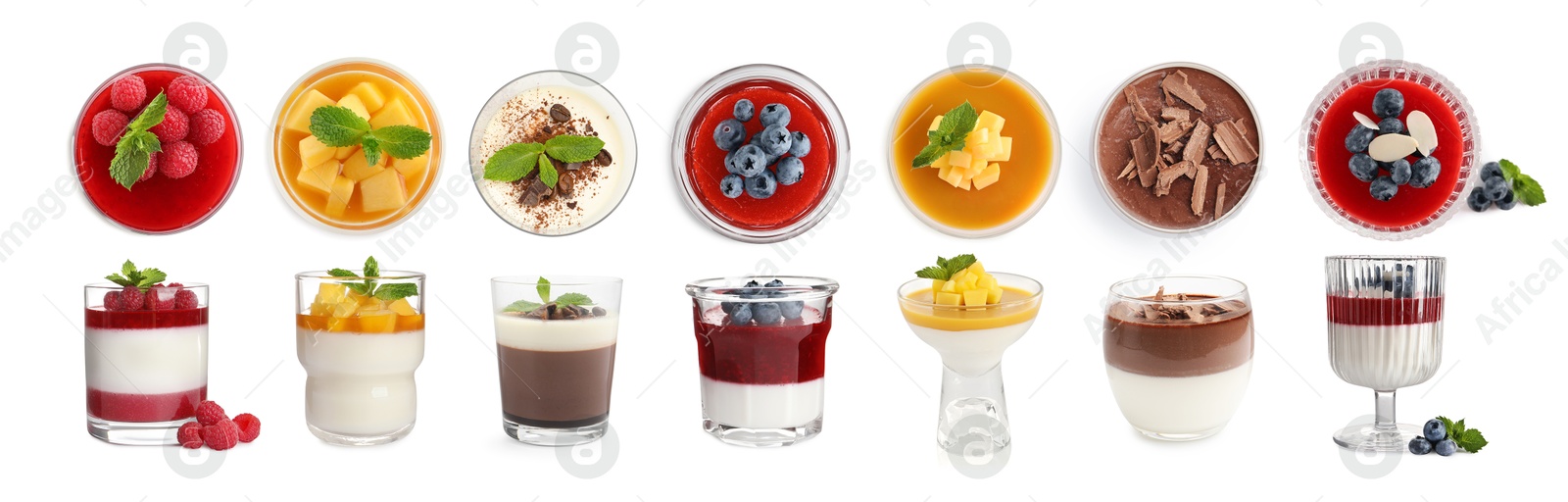 Sweet panna cotta desserts isolated on white, set. Top and side view Image of Sweet panna cotta desserts isolated on white, set. Top and side view