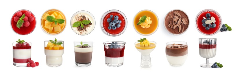 Image of Sweet panna cotta desserts isolated on white, set. Top and side view