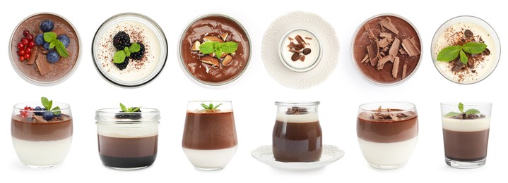 Image of Sweet panna cotta desserts isolated on white, set. Top and side view