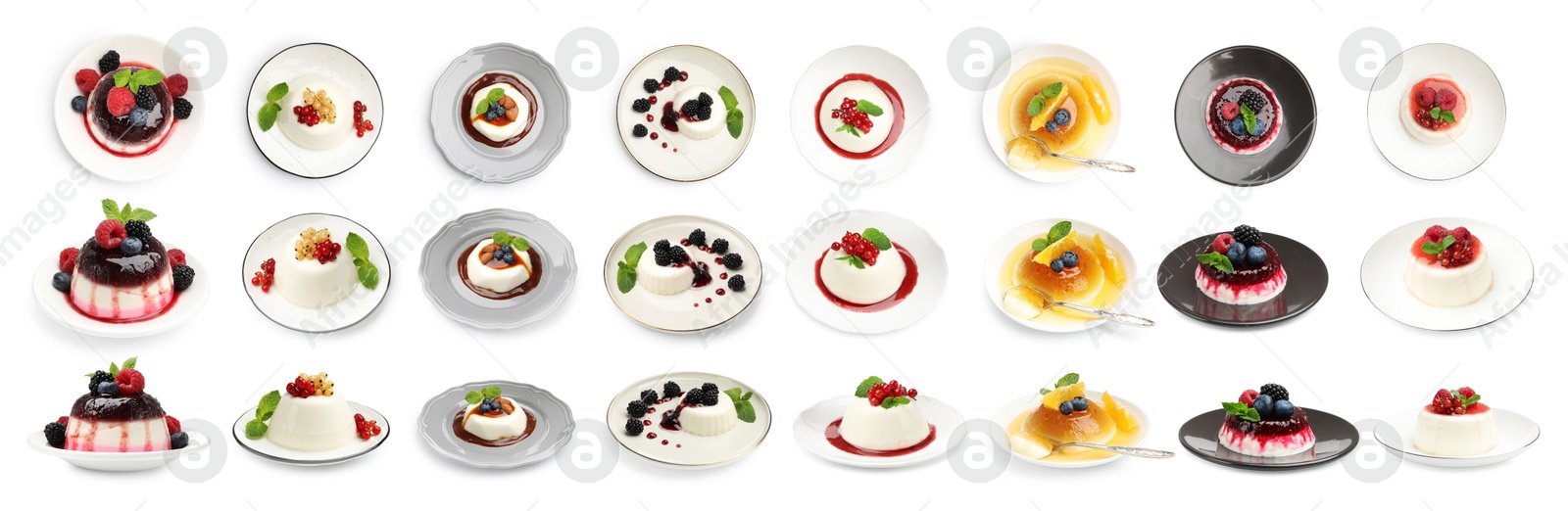 Image of Sweet panna cotta desserts isolated on white, set. Top and side view