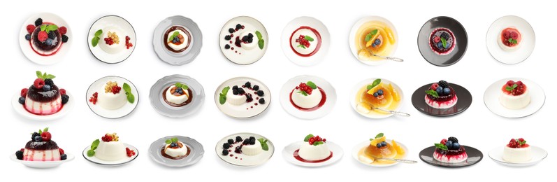 Image of Sweet panna cotta desserts isolated on white, set. Top and side view