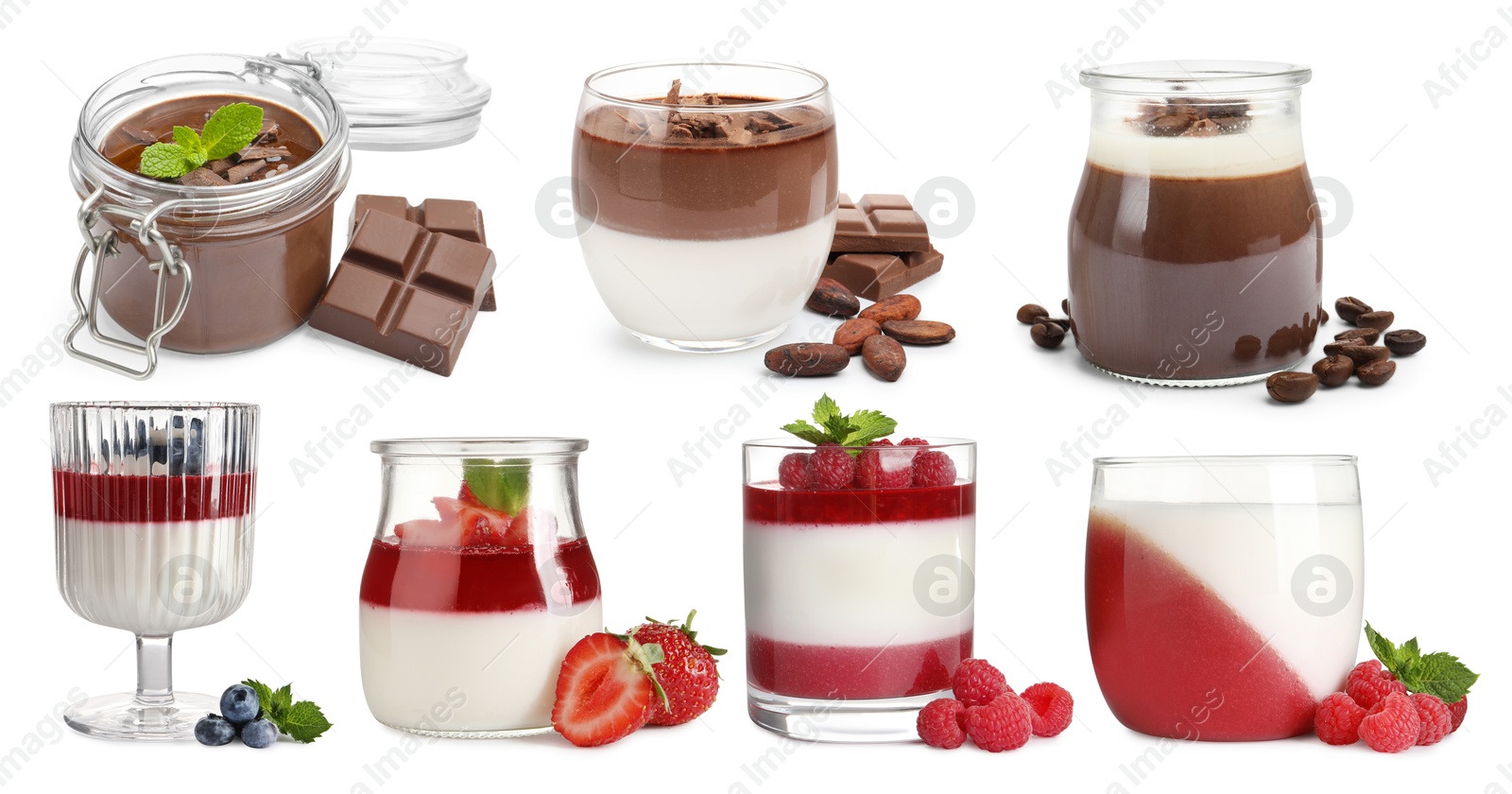 Image of Sweet panna cotta desserts isolated on white, set