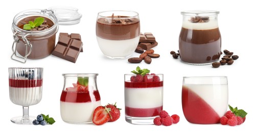 Image of Sweet panna cotta desserts isolated on white, set