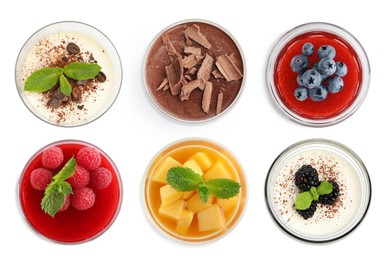 Image of Sweet panna cotta desserts isolated on white, set. Top view