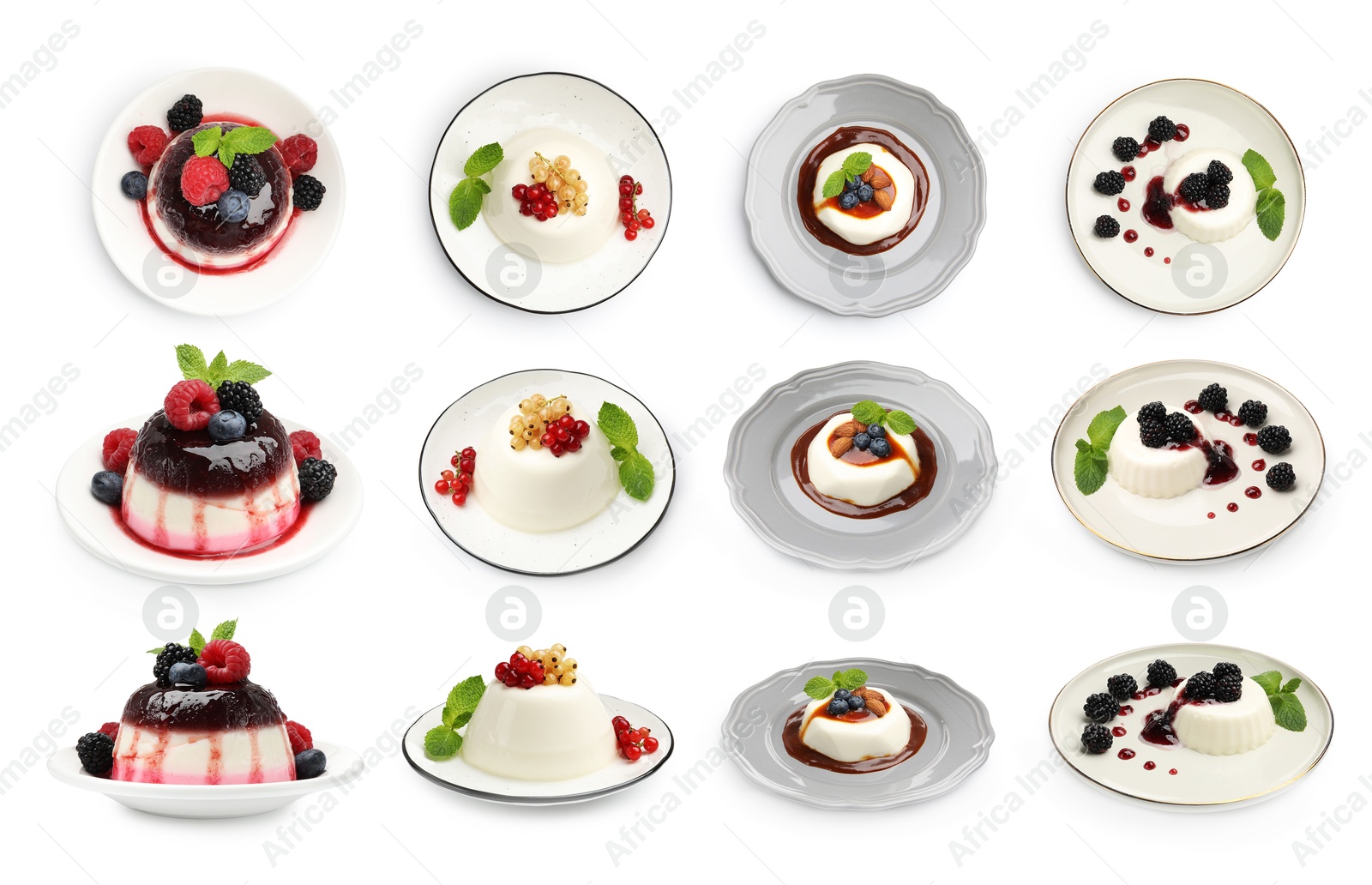 Sweet panna cotta desserts isolated on white, set. Top and side view Image of Sweet panna cotta desserts isolated on white, set. Top and side view