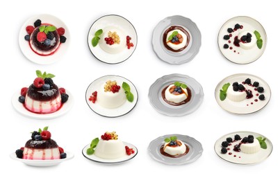 Image of Sweet panna cotta desserts isolated on white, set. Top and side view