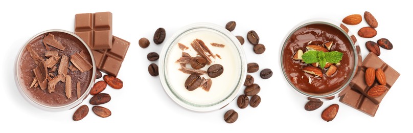 Image of Sweet panna cotta desserts isolated on white, set. Top view
