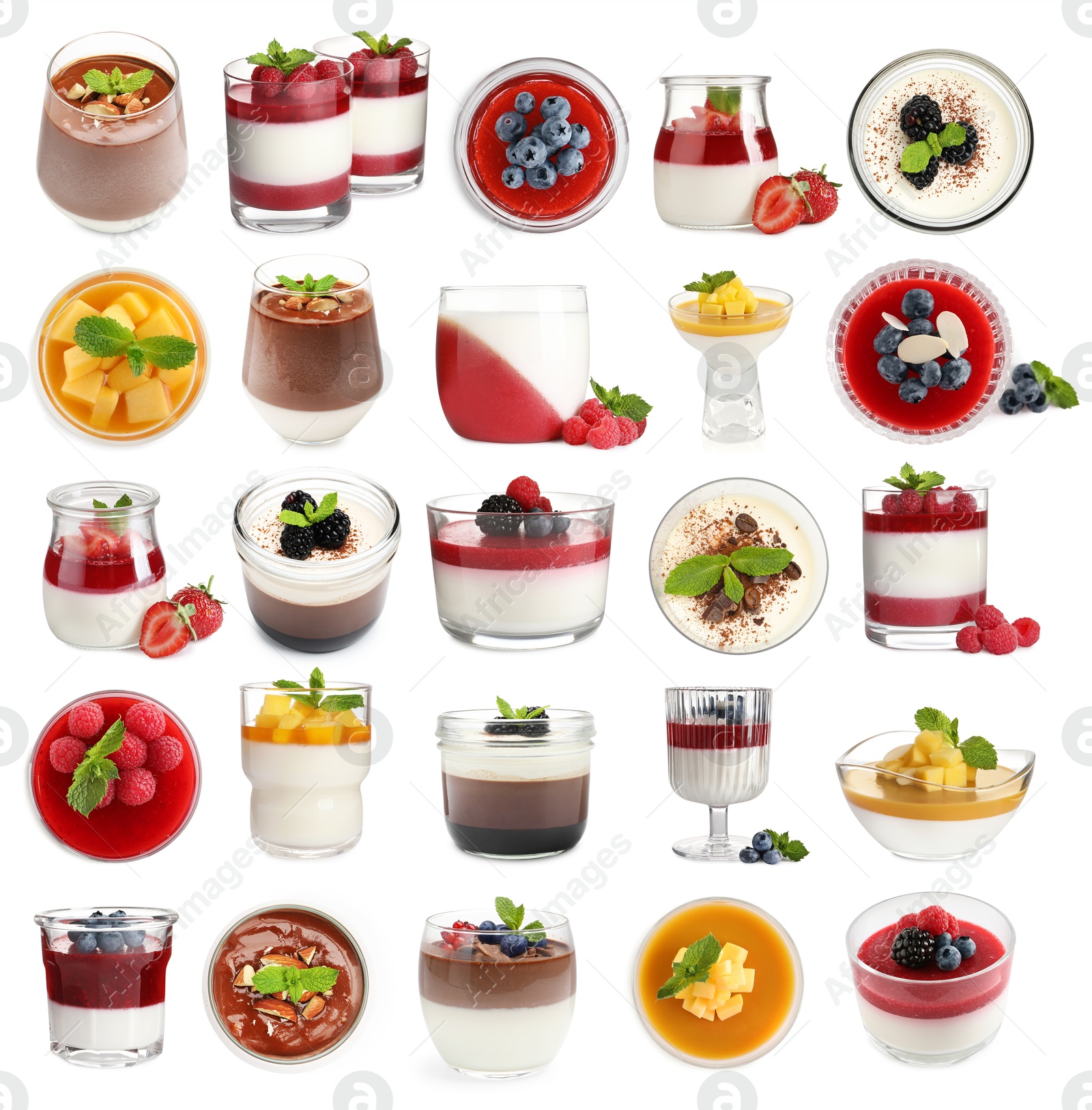 Image of Sweet panna cotta desserts isolated on white, set
