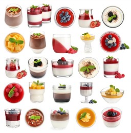 Image of Sweet panna cotta desserts isolated on white, set
