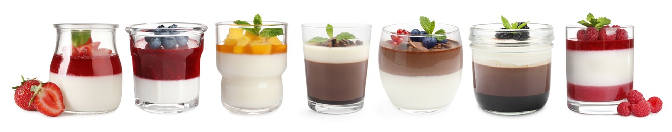 Image of Sweet panna cotta desserts isolated on white, set