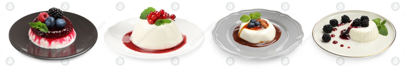 Sweet panna cotta desserts isolated on white, set Image of Sweet panna cotta desserts isolated on white, set