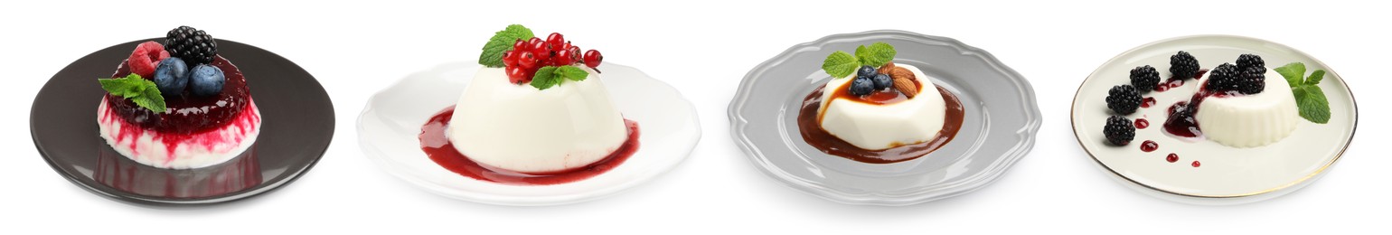Image of Sweet panna cotta desserts isolated on white, set