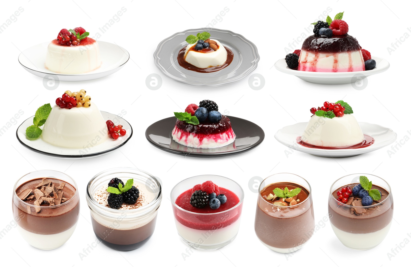 Image of Sweet panna cotta desserts isolated on white, set