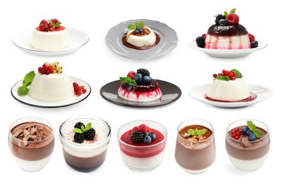 Image of Sweet panna cotta desserts isolated on white, set