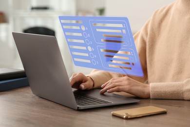 Image of Woman passing online test on laptop at table, closeup. Virtual form above computer