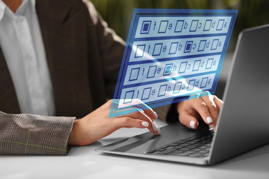 Image of Woman passing online test on laptop at table, closeup. Virtual form above computer