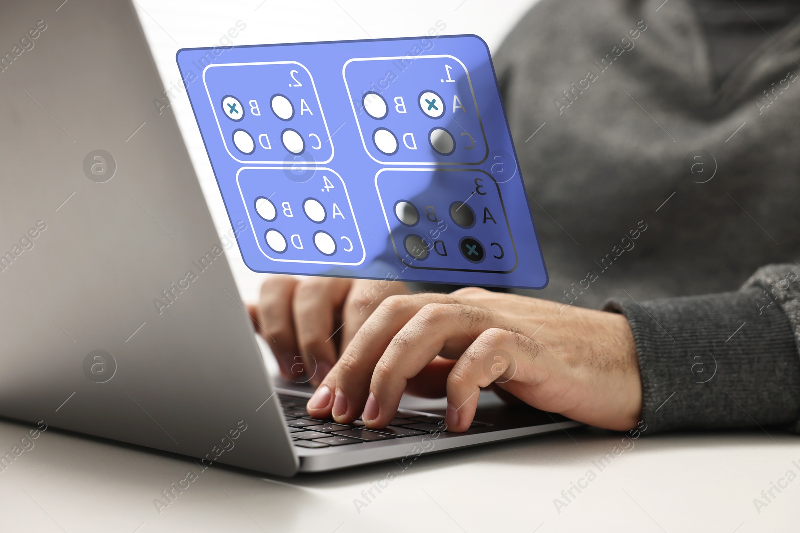 Image of Man passing online test on laptop at home, closeup. Virtual form above computer