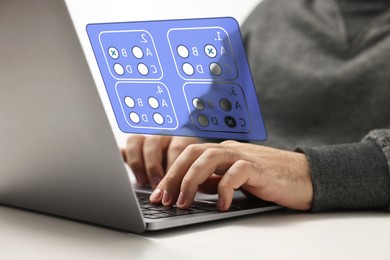 Image of Man passing online test on laptop at home, closeup. Virtual form above computer