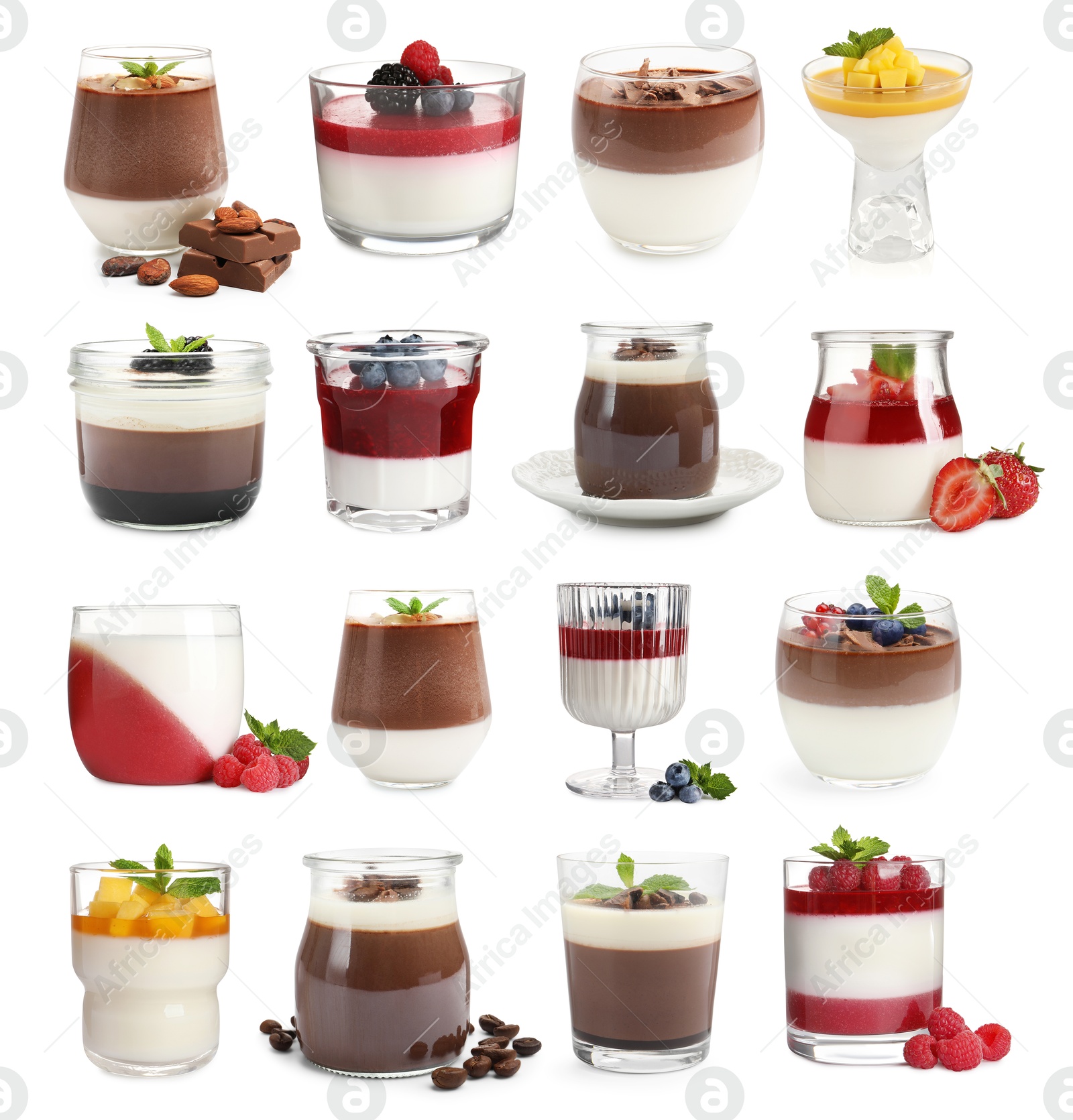 Image of Sweet panna cotta desserts isolated on white, set