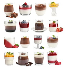 Image of Sweet panna cotta desserts isolated on white, set