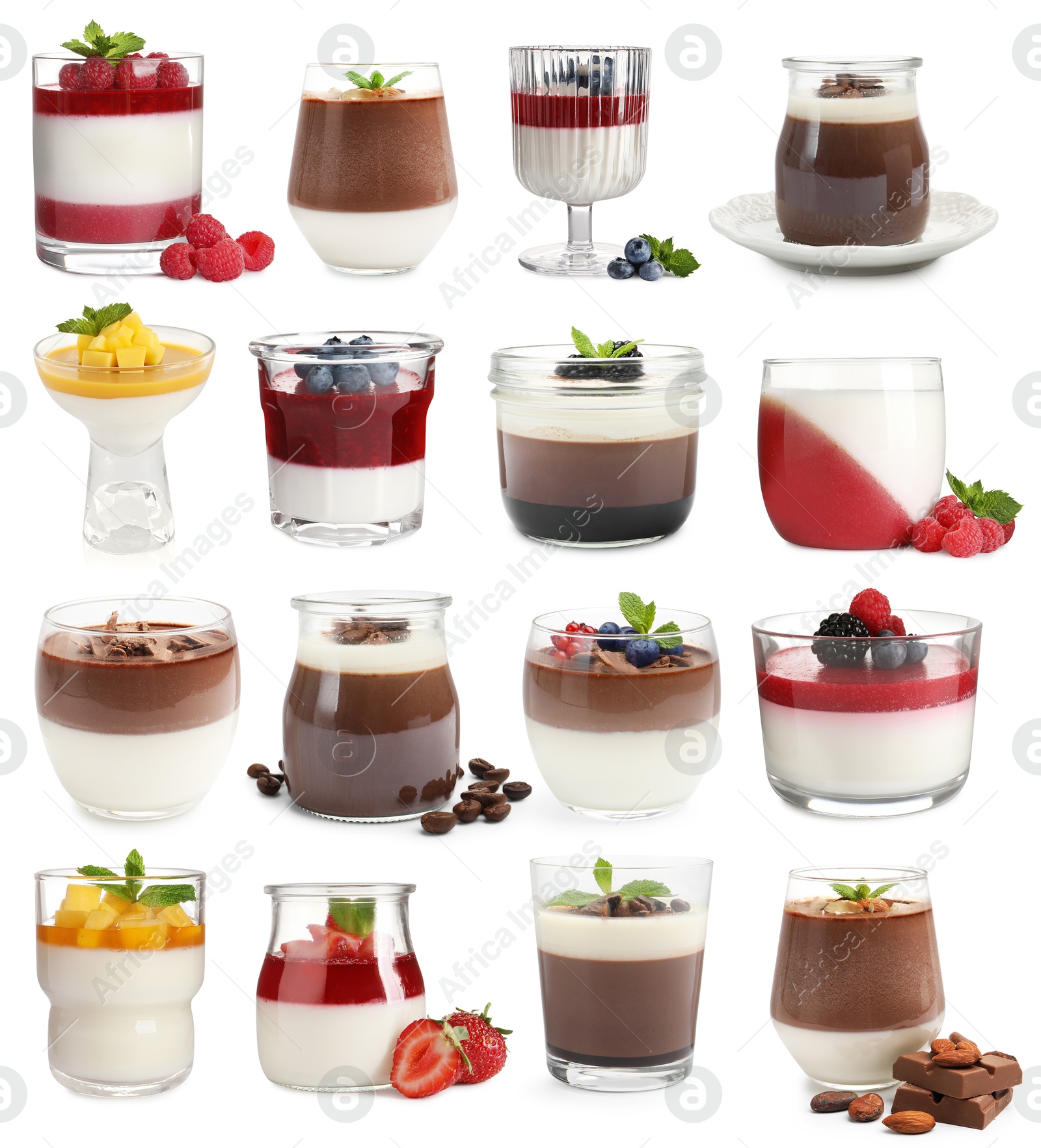 Sweet panna cotta desserts isolated on white, set Image of Sweet panna cotta desserts isolated on white, set