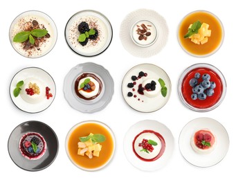 Image of Sweet panna cotta desserts isolated on white, set. Top view