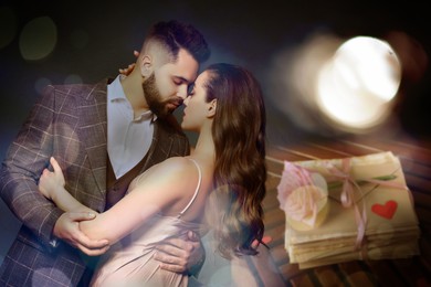 Image of Romantic young couple and stack of love letters, bokeh effect
