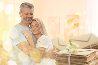 Image of Romantic couple and love letters, bokeh effect. Woman and man hugging at home