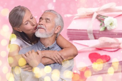 Image of Romantic senior couple and love letters, bokeh effect. Woman kissing her beloved man against pink background