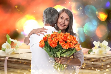 Image of Romantic senior couple and love letters, bokeh effect. Woman with bouquet hugging her beloved man