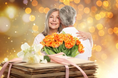 Image of Romantic senior couple and stack of love letters, bokeh effect. Woman with bouquet hugging her beloved man