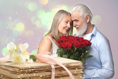 Image of Romantic senior couple and stack of love letters, bokeh effect. Woman and man with bouquet