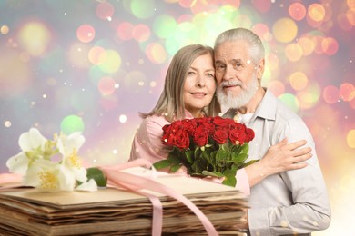 Image of Romantic senior couple and stack of love letters, bokeh effect. Woman and man with bouquet