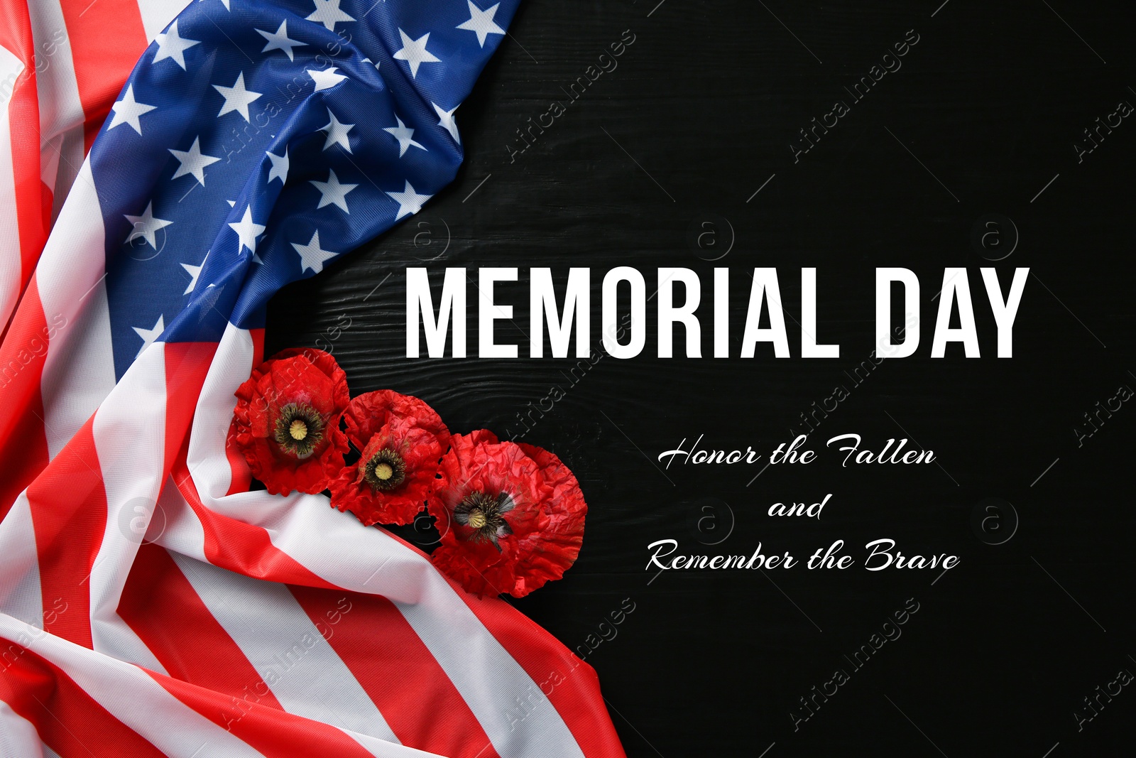 Memorial day poster. American flag and red poppies on black background, top view Image of Memorial day poster. American flag and red poppies on black background, top view