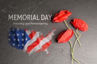Image of Memorial day poster. USA country border with American flag and red poppies on grey background, top view