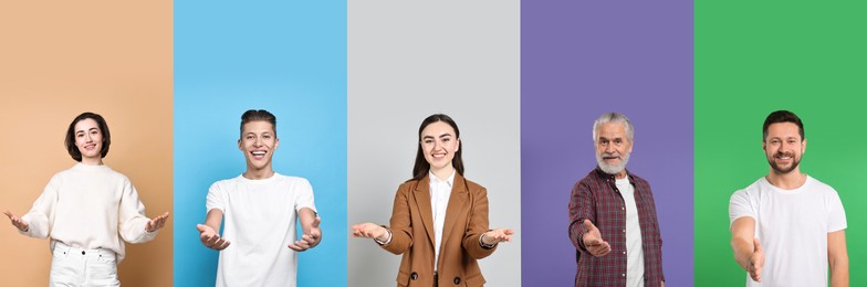 Image of Friendly people welcoming, collection of portraits on different colors backgrounds