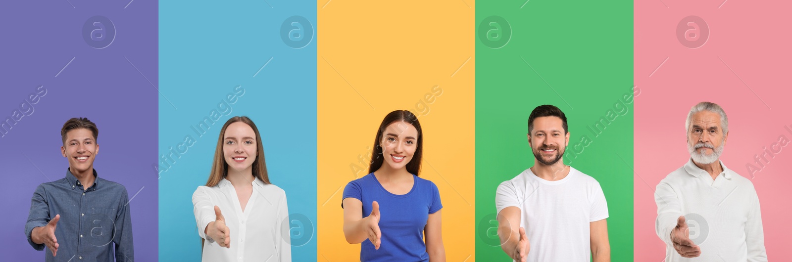 Friendly people welcoming, collection of portraits on different colors backgrounds Image of Friendly people welcoming, collection of portraits on different colors backgrounds