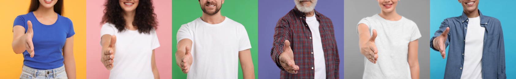 Image of Friendly people welcoming, collection of photos on different colors backgrounds