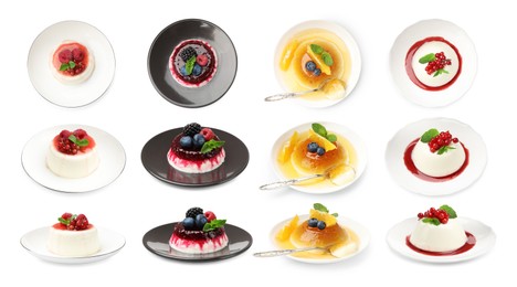 Image of Sweet panna cotta desserts isolated on white, set. Top and side view