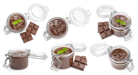 Image of Chocolate panna cotta desserts isolated on white, set. Top and side view