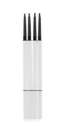 Photo of Many twist up eyebrow pencils isolated on white, top view