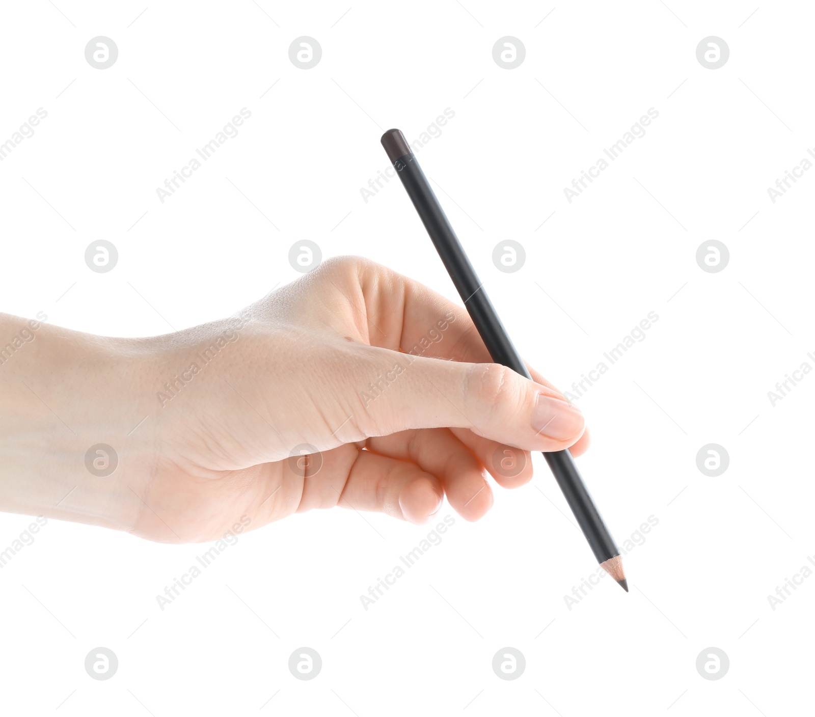 Photo of Woman with eyebrow pencil on white background, closeup